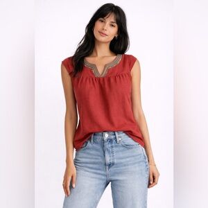 La Compe Linen Boho Top  Rust Red Embroidered Neckline Feminine Large